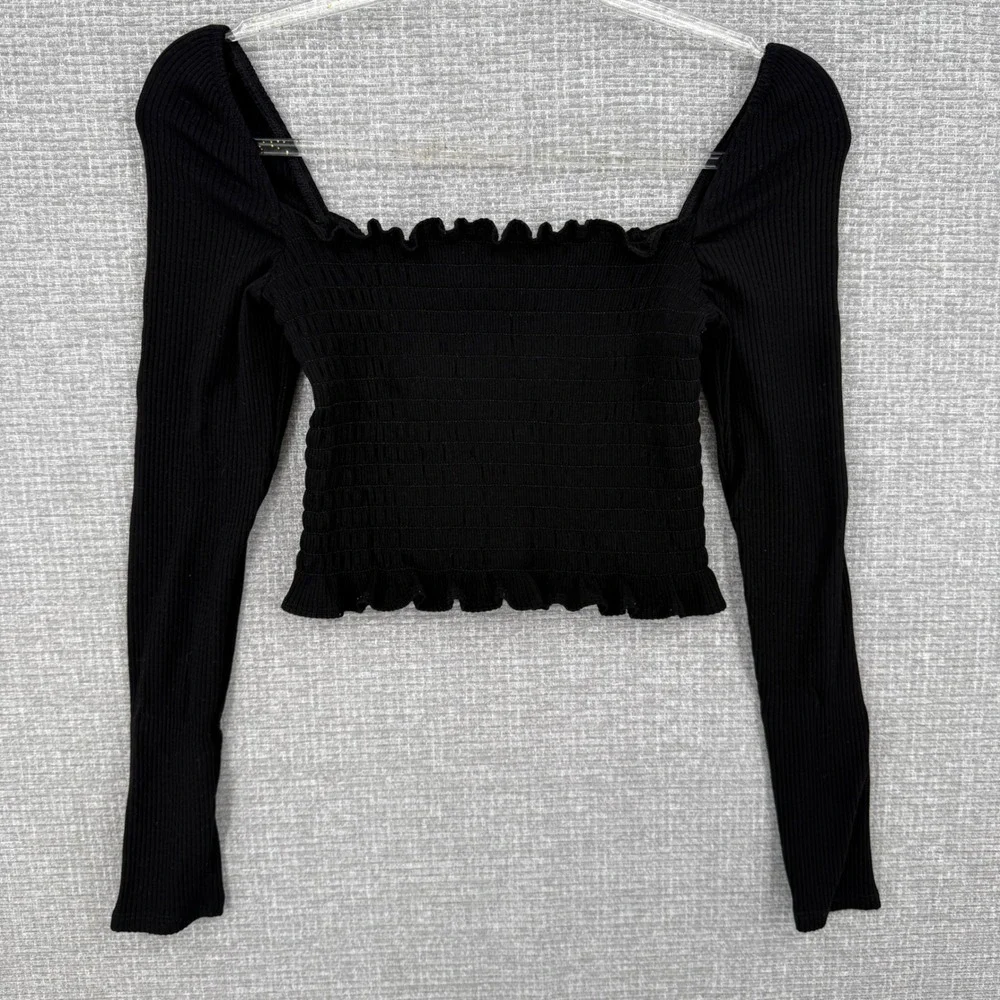 Reformation Smocked Long Top Women Sz M Black Ribbed Coquette Milkmaid‎ Goth